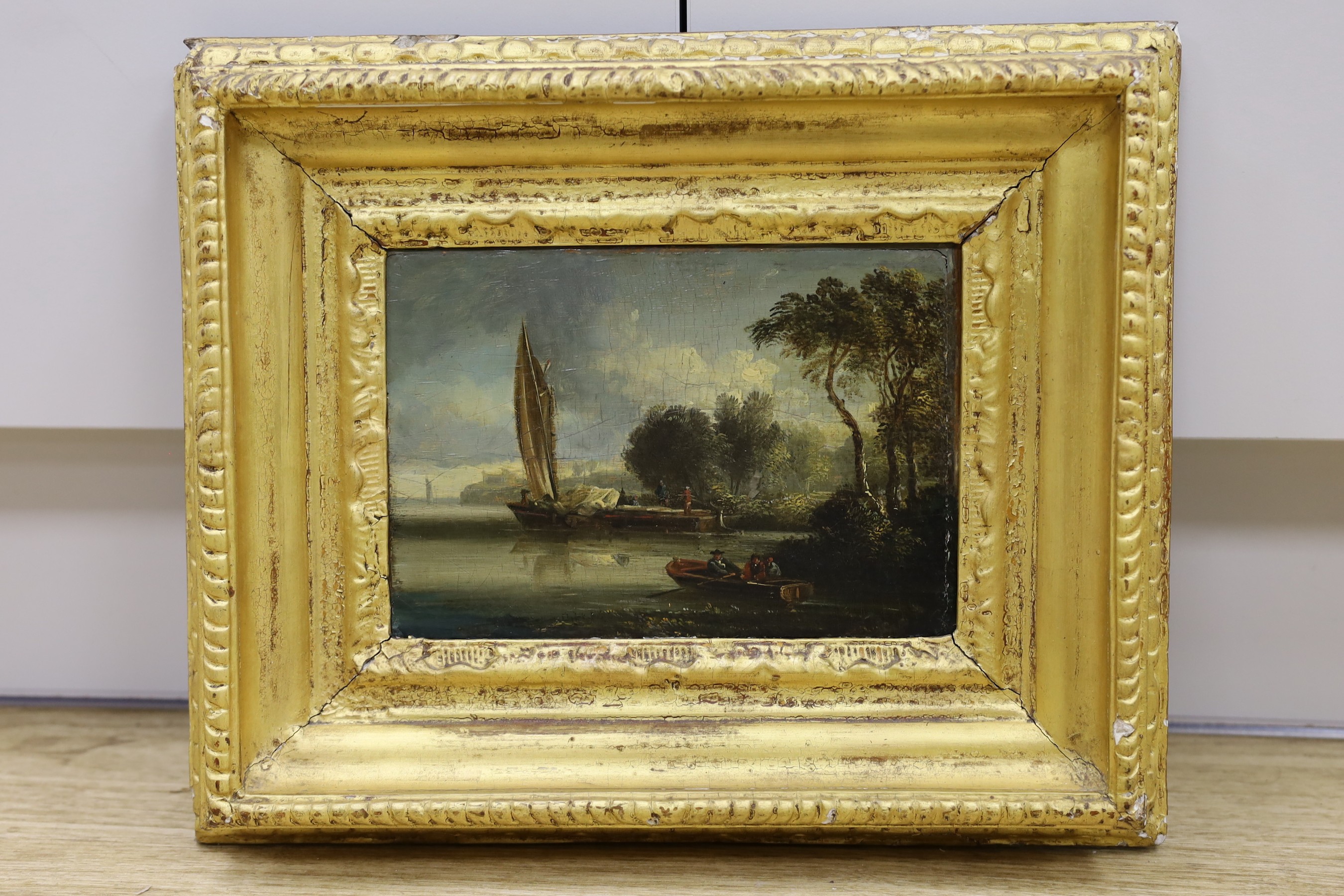 Attributed to William Sadler (1782-1839), oil on wooden panel, Boatmen on a river, Bregazzi label verso, 16 x 23cm